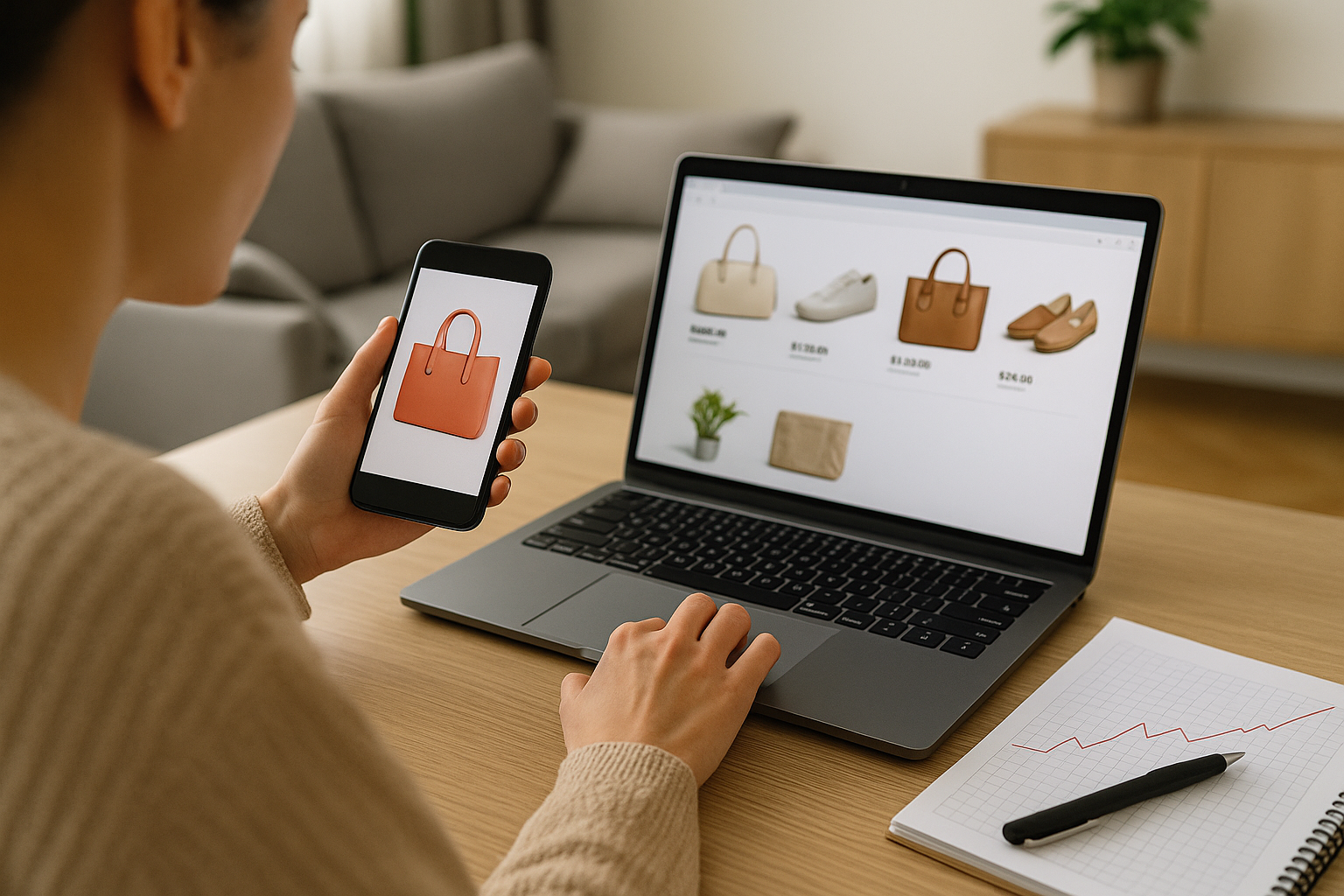 Utente che confronta prezzi e recensioni per acquisti online su laptop e smartphone